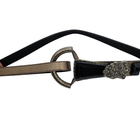 Vintage 80\'s Belt Leather Bronze Ornate Fold Hook Loop Black Buckle Gothic M 34\